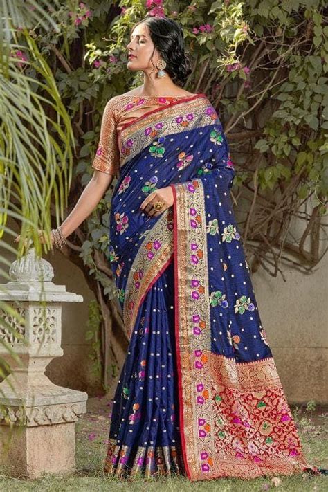 Buy Egyptian Blue Floral Zari Woven Banarasi Saree 68223 Online | Karagiri
