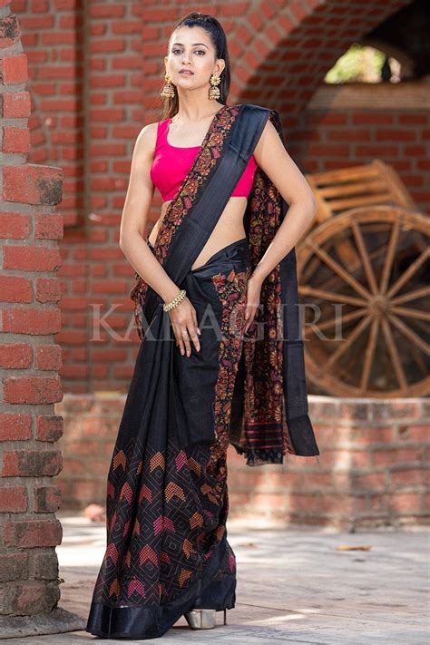 Buy Beautiful Black Cotton Linen Saree Online | Karagiri