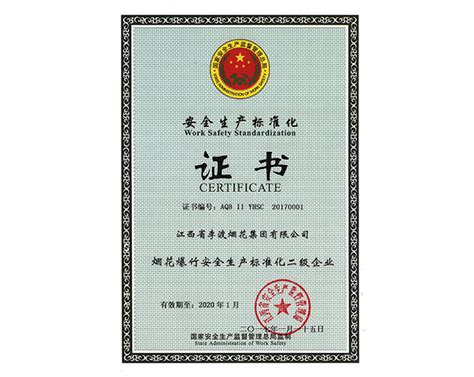 2017集团公司安全生产标准化二级企业证书-江西省李渡烟花集团有限公司