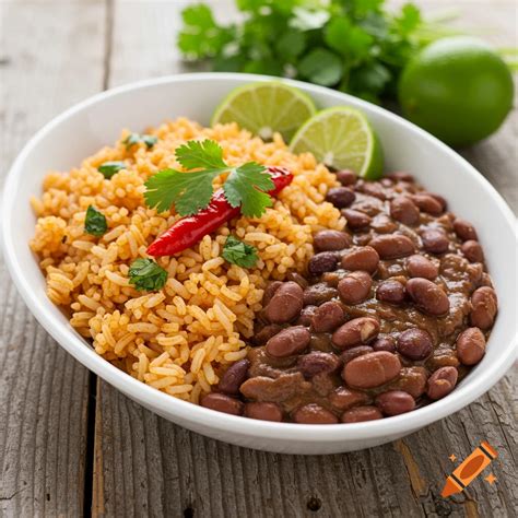 Bowl of Mexican rice and beans with lime wedges and chili on a wooden ...