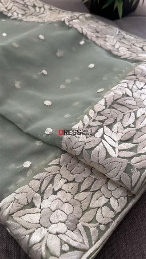 Sage Green Organza Parsi Gara Hand Embroidered Dupatta – Dress365days