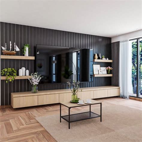 Light wood tv unit design with striped black accent wall panelling ...