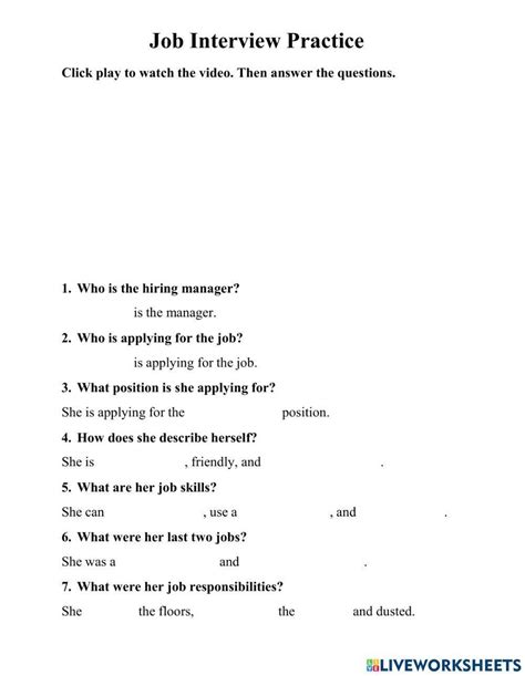 Sample Job Interview Questions Worksheet 的图像结果