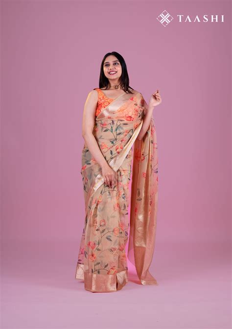 Buy Beige Floral Printed Organza Saree Online - Taashi