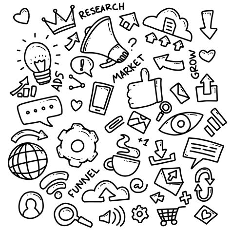 digital marketing doodle things outline illustration hand drawing set ...
