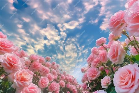 Premium Photo | A picture of a field of pink roses with the sky in the ...