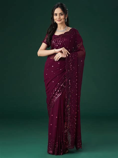 KASEE Women Wine Floral Embellished Sequinned Sarees – Kasee Fashion