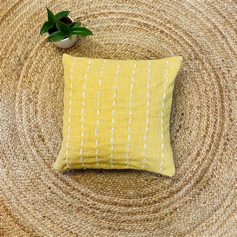 Handmade Yellow Slub Cotton Cushion Cover | Intricate Thread Work ...