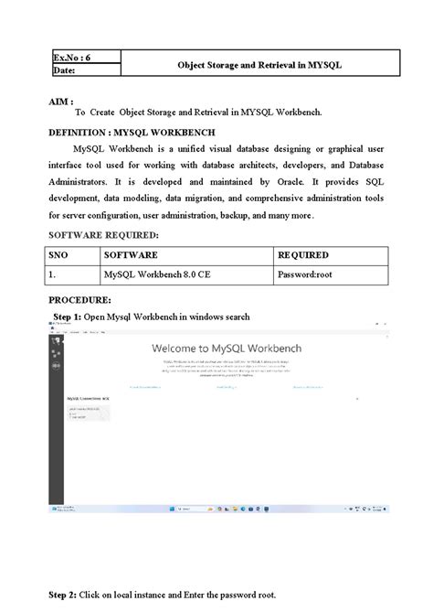 Ex.No: 6 - Object Storage & Retrieval in MySQL Workbench - Studocu