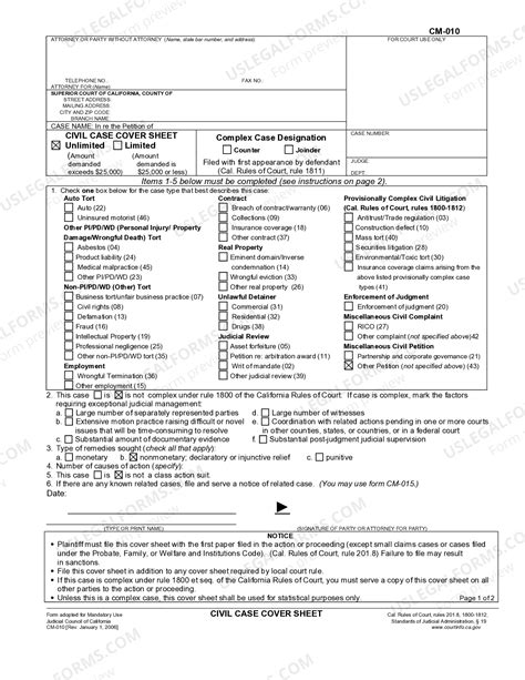 California Civil Case Cover Sheet for Name Change of Minor - Cm010 | US ...