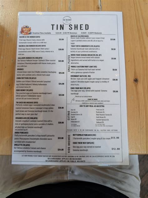 Menu at The Lithgow Tin Shed cafe, Lithgow, 69 Bridge St
