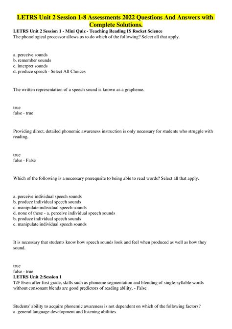 LETRS Unit 2 Session 1-8 Assessments 2022 Questions And Answers with ...