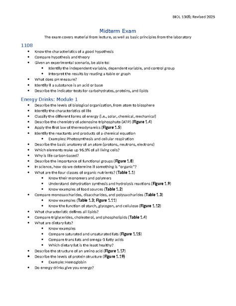 BIOL 1308 Midterm Exam Study Guide: Key Topics & Concepts Review - Studocu