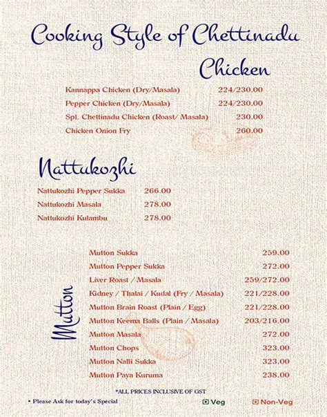 Menu at Hotel Kannappa, Tiruchirappalli, 22-25