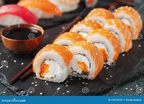 Philadelphia Roll Sushi with Salmon and Cucumber Stock Image - Image of ...