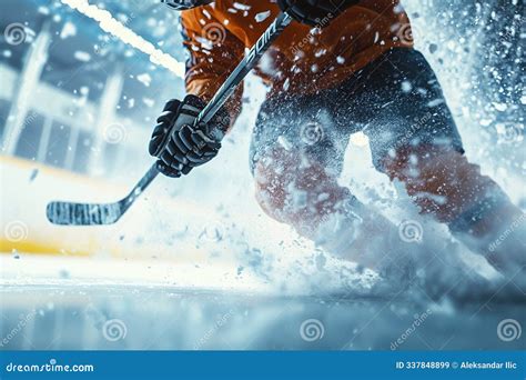Professional Player with Hockey Stick Hitting the Puck Hard Making it Travel Very Fast at High ...