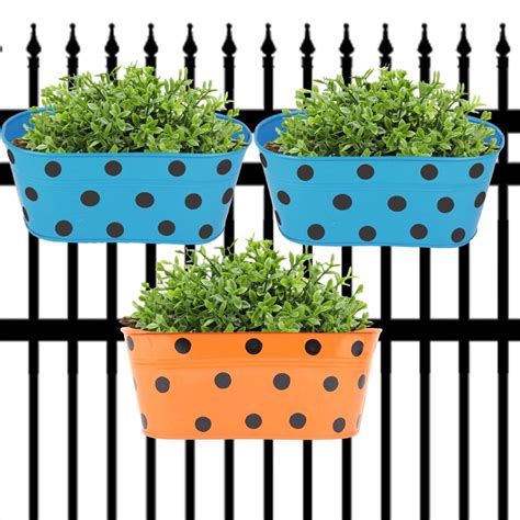 Blue and Orange Oval Polka Railing Planter Set (Rust-Resistant Iron Bo ...