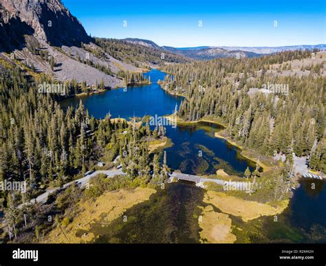 An aerial landscape of Twin Lakes and the surrounding mountains located ...