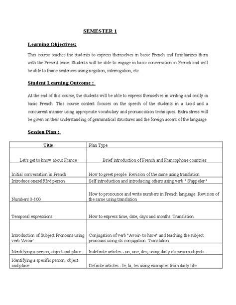French 101: Semester 1 Session Plan for Beginners - Studocu
