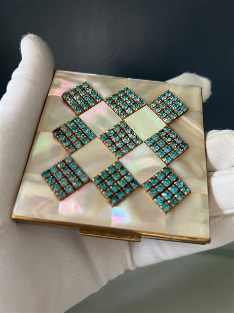 Vintage Mother of Pearl Aqua Rhinestones Powder Compact ELGIN AMERICAN ...