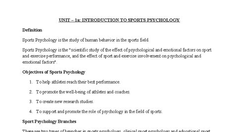 Unit 1a: Intro to Sports Psychology Overview and Importance - Studocu