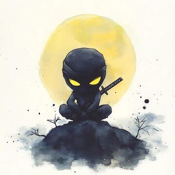 Watercolor illustration of a ninja sitting on a rock under a yellow ...