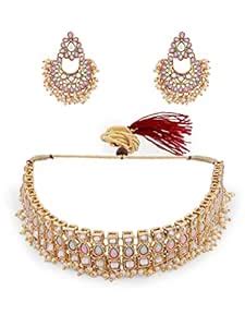 ZAVERI PEARLS Pink & Green Stones Studded Traditional Necklace ...