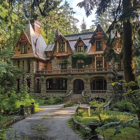 Vintage luxury mansion in a lush evergreen forest with large flower ...