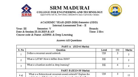 AD3501 Deep Learning Internal Assessment Test II Model Questions - Studocu