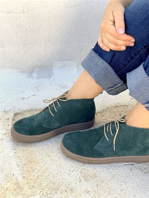 Dark Green Leather Shoes Handmade Aelia Sneakers Green Ankle Boots for ...