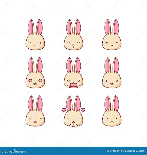 Collection of Funny Cute Rabbit, Bunny Emoticon Characters in Different ...