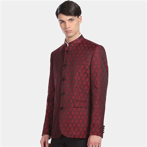 Men Maroon Printed Bandhgala Blazer