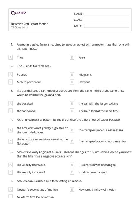50+ newtons second law worksheets for 12th Class on Quizizz | Free ...