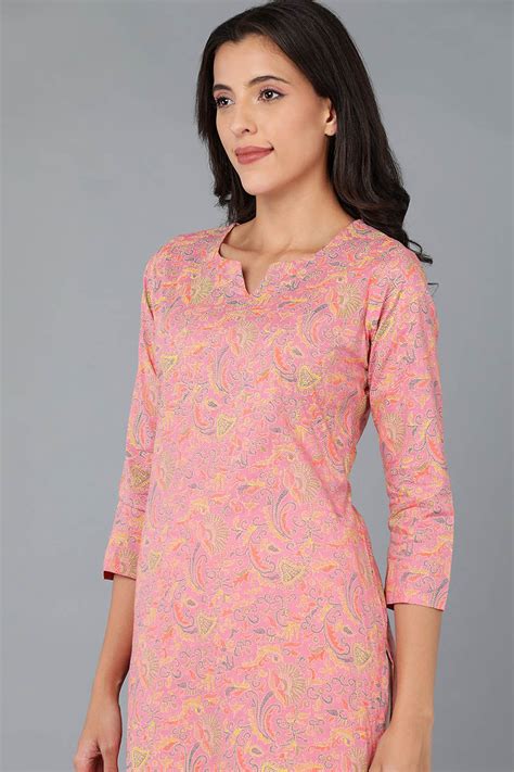 Pink Cotton Ethnic Motifs Printed Straight Kurta – Ahika