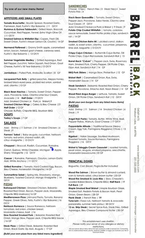 Menu at Barrel Back Restaurant, Walloon Lake