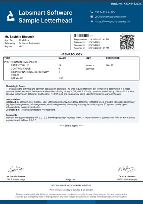 Prothrombin time, PT/INR Report Format | MS Word & Pdf