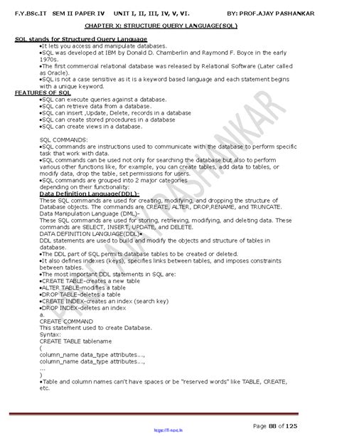 F.Y.BSc.IT SEM II PAPER IV UNIT I-VI: SQL Overview and Commands - Studocu