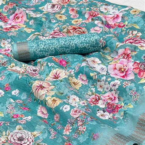 Firozi Blue Digital Printed Cotton Silk Saree