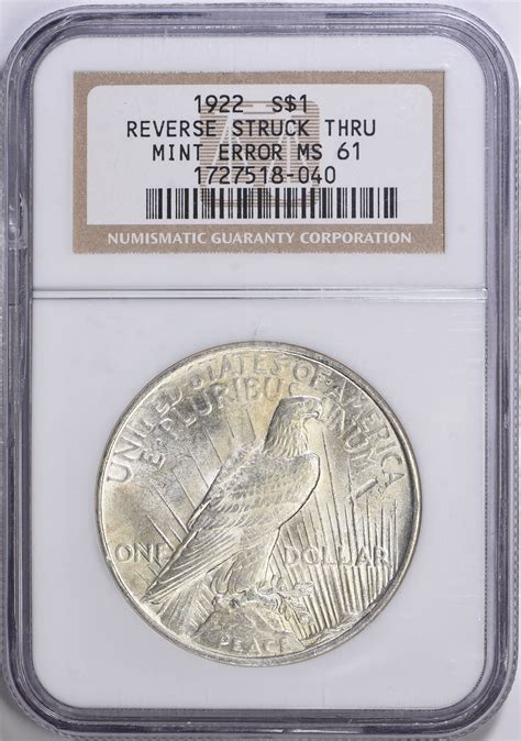 Mint Error 1922 Peace Silver Dollar Reverse Struck Through NGC MS-61 ...