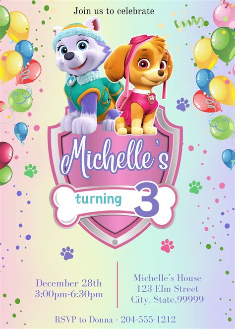 Paw Patrol Skye & Everest Birthday Invitation Template - Paw Patrol Sk ...