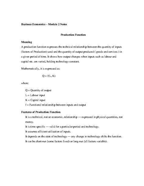 Business Economics 2025: Module 2 Production Function Notes - Studocu