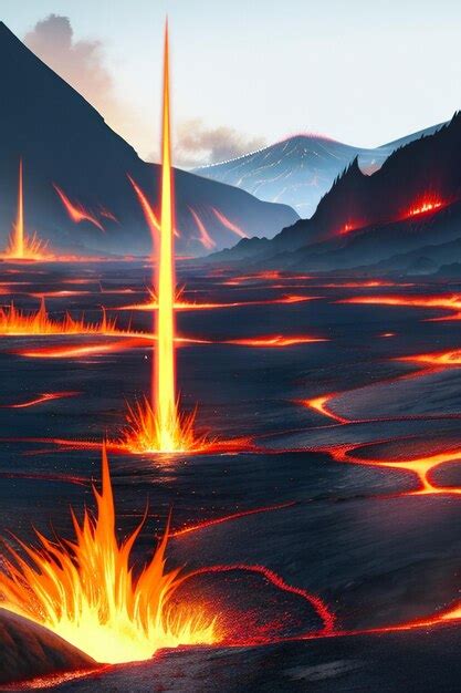 Volcanic eruption high temperature magma flow forming natural landscape ...