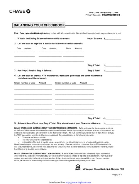 2008 Form Chase Balancing Your Checkbook - Blank Fillable Template ...