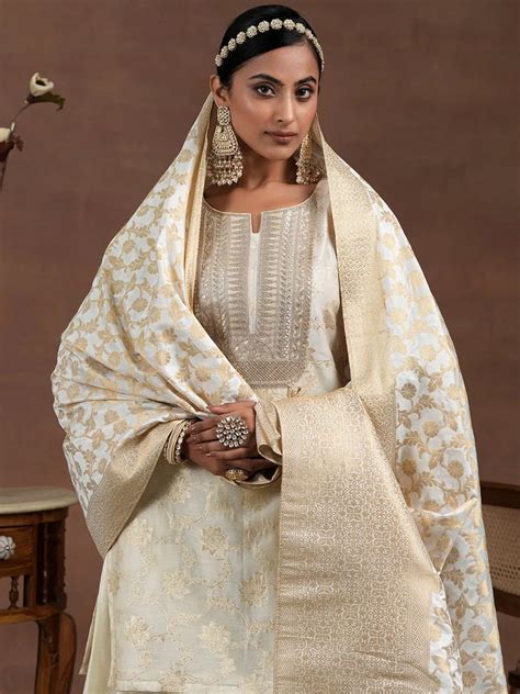 Buy Off White Woven Design Chanderi Silk Straight Suit With Dupatta ...
