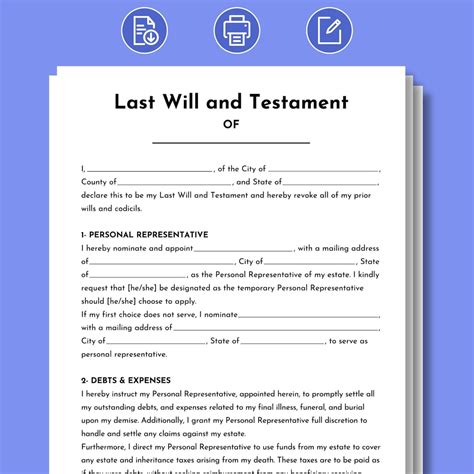 Last Will and Testament. Editable Last Will and Testament Template. Printable Last Will and ...