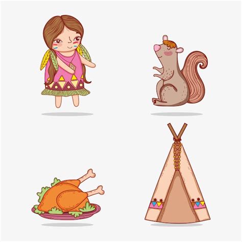 Set woman indigenous and squirrel with turkey food | Premium Vector