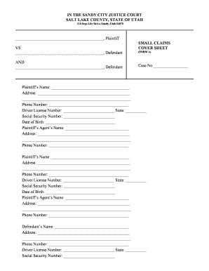 SC1 Form A - Small Claims Cover Sheet - Sandy City - Sandy Utah - Fill ...