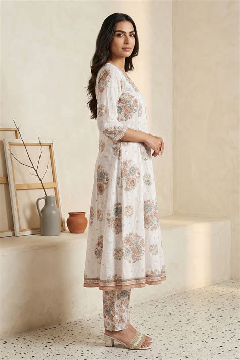 Buy White Floral Printed Pure Cotton A-line Kurta with Trouser and ...