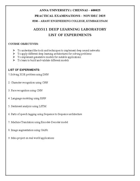 AD3511 Deep Learning Lab: Full List of Experiments 2025 - Studocu