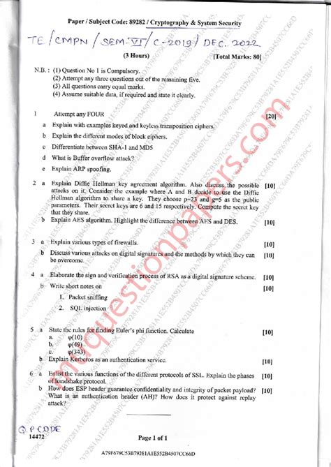 Cryptography system security TE SEM 2019 DEC 2022 exam paper (89282 ...